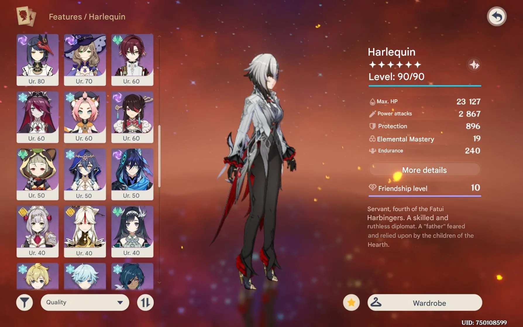 GI991 Harlequino C2 + Signature, Raiden C2 + Signature, Chasca C1 + Signature, Many 5 star Characters & Weapons 